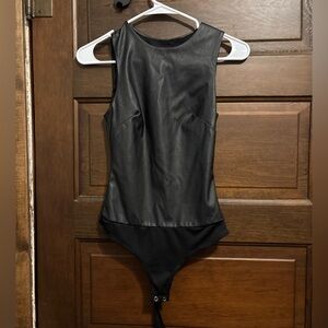 Sleeveless Faux Leather Black Bodysuit